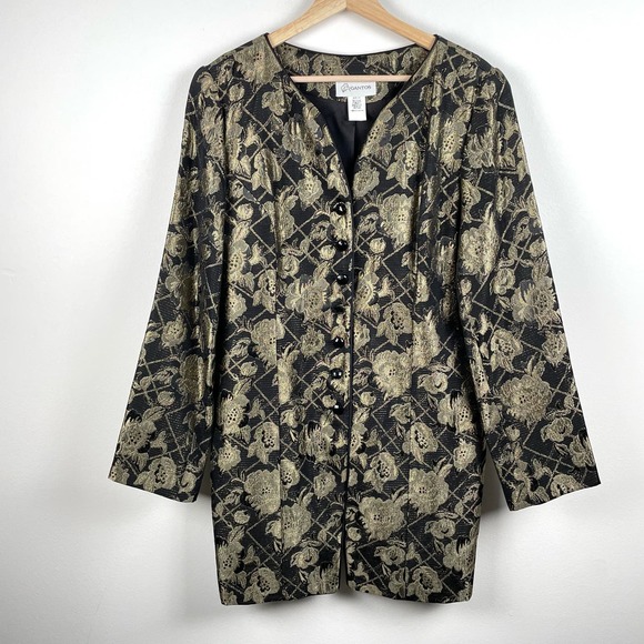 Vintage Gold Metallic Floral Tapestry Jacket Longline Blazer Size 14 Button Up - Picture 10 of 10